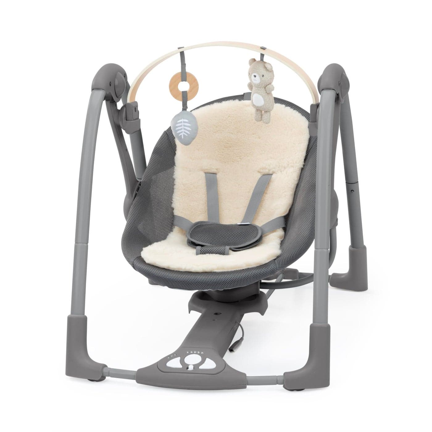 Ingenuity Every Season Portable Swing n Go Cooling and Warming Fabrics Detachable Sustainable Wooden Bar Music Motorized for Ages 09 Months Grey Wesley