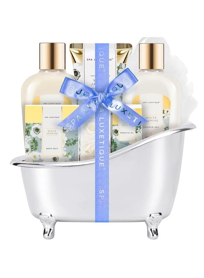 Spa luxetique Bath and Body Gifts for Women 8pcs Jasmine Scented Spa Sets with Bubble Bath Gift Baskets for Women Mother's Day Gifts for Mom
