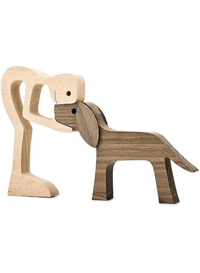 Handmade Wooden Man and Dog Figurine - Home Decor Sculpture, Large 10x6x0.8in, Eco-Friendly Gift