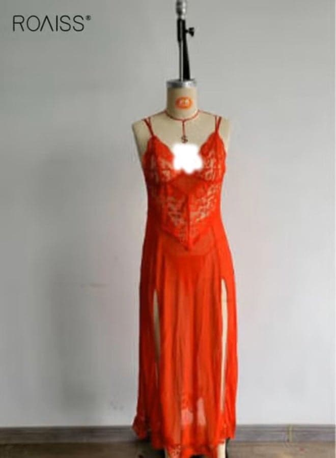 2 Pack Lace Suspender Pajamas Set for Women Sexy Nightgown with Tight Waist Design, High Slit Hem and Spaghetti Straps