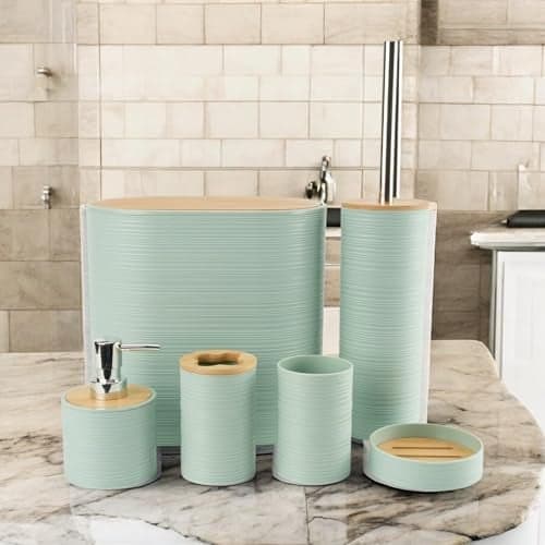 HOME CUBE Bamboo,Plastic 6 Pcs Bathroom Accessory Set,Includes Soap Dispenser,Mouth Wash Cup,Toothbrush Holder,Soap Dish,Toilet Brush with Holder & Dustbin for Home Kitchen & Bathroom Essential(Green)