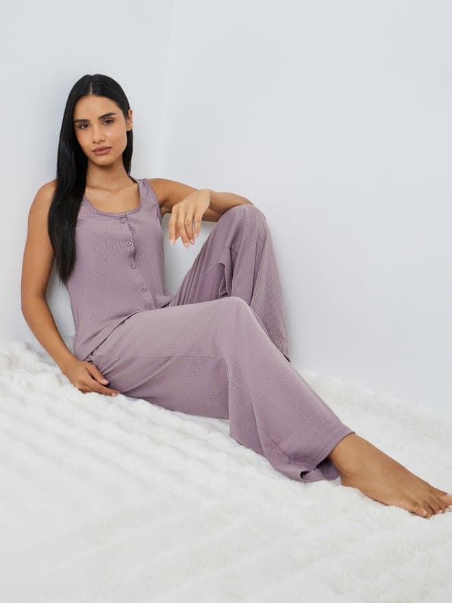 Pink Wide Rib Picot Edge Tank and Shirred Waist Pyjama Set