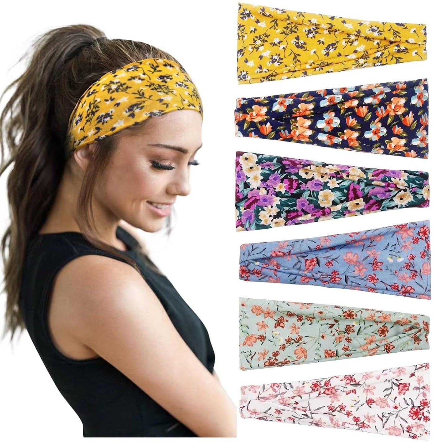 Huachi Womens Headbands Boho Headbands for Women Workout Yoga Exercise Hairbands Non Slip Headband Fashion Sumemr Hair Bands Floral Print 6 Pack