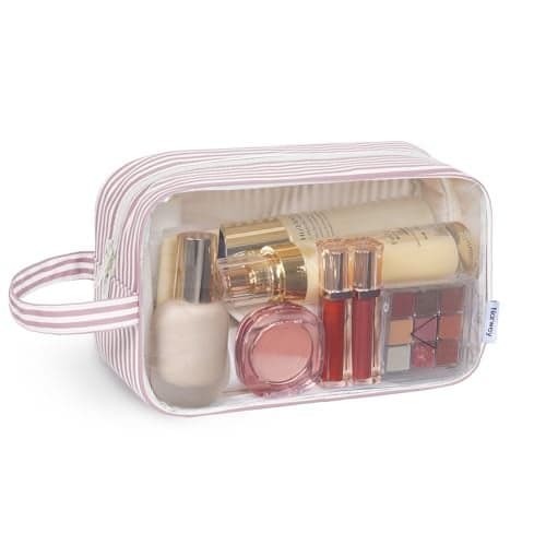 Narwey Clear Toiletry Bags for Traveling Women Men, Clear Travel Bags for Toiletries Makeup Bag Cosmetic Bag with Zipper, Make Up Organizer, Skincare Bag (Dusty Pink Stripe)