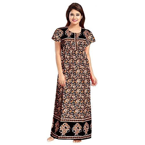 NEGLIGEE Women's Cotton Paisley Maxi Nighty (BLK32_Black_Free Size)