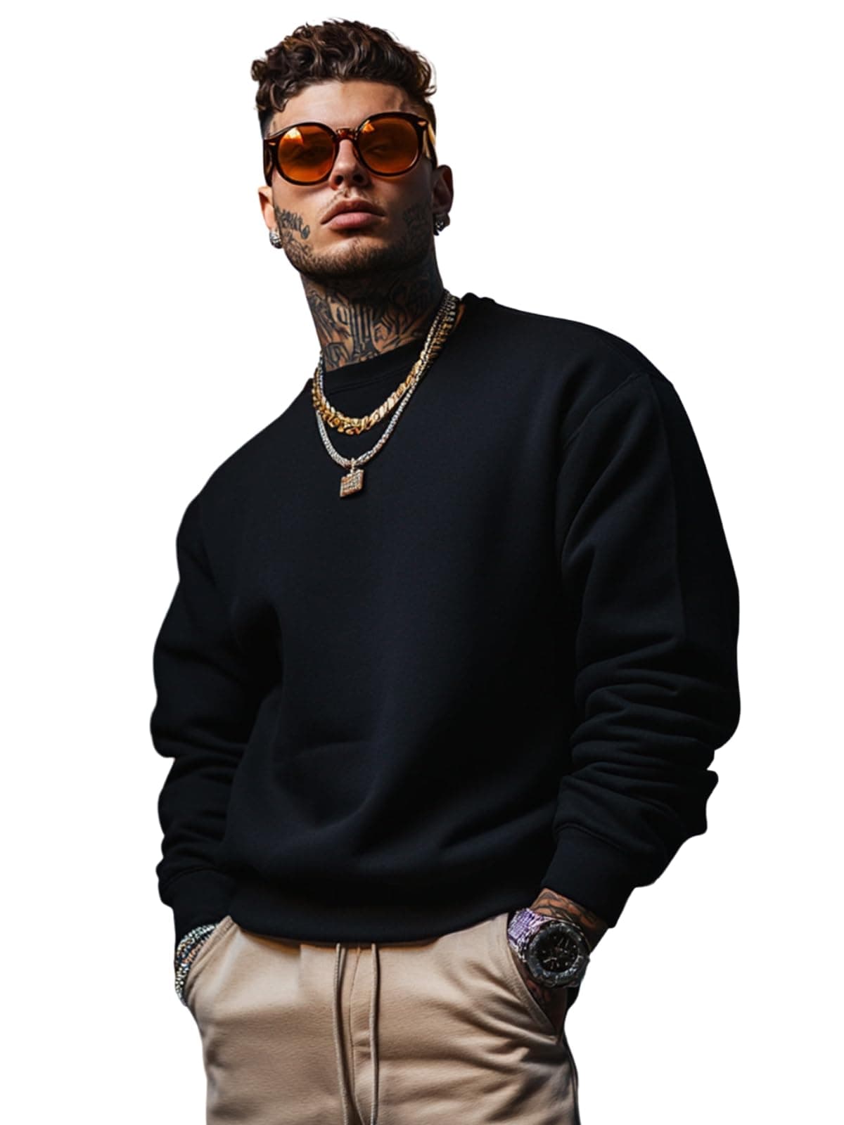 Veirdo® Cotton Polly Fleece Oversized Fit Black Solid Sweatshirt for Men (VSS0423BKPL09_XL)