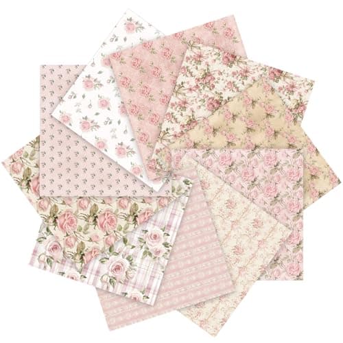 Tudomro 10 Pcs Pink Floral Fabric Squares Bundles 20 x 20 Inch Cotton Spring Retro Rose Quilting Fabric Vintage Flower Fat Quarters Printed Cloth Quilt Patchwork Material for Sewing DIY Craft Supply