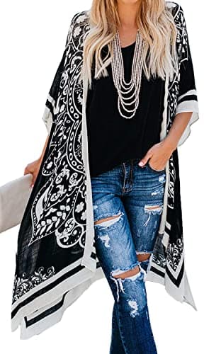 Swim Cover Up for Women Kimono Cardigans Plus Size Boho Bathing Suit Coverups(01-Black Boho,L)