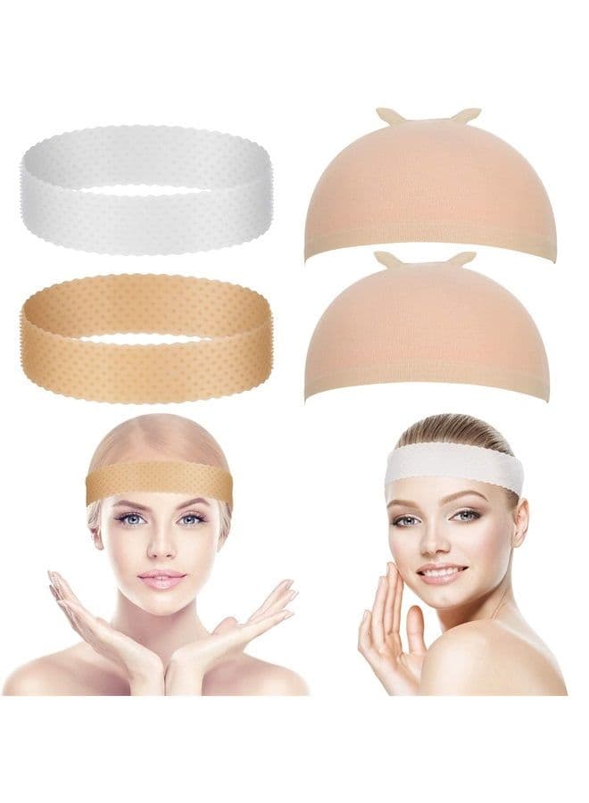 4 Pieces Silicone Wig Grip Band Transparent Silicone Wig Headband Sweatproof Seamless Non Slip Wig Hair Band with Stretchy Nylon Wig Cap for Wig and Sport Yoga (White and Light Brown, Skin Color)