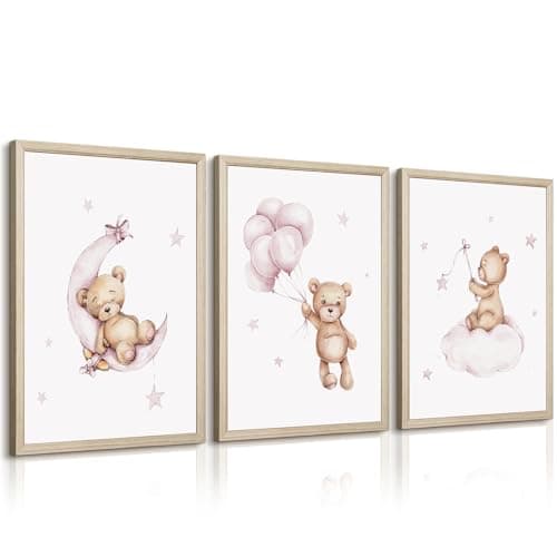 Bear Nursery Wall Art Decor Teddy Bear Wall Art Baby Girl Canvas Wall Decor Pink Pictures Balloon Nursery Children Prints Artwork Moon Star Cloud Art for Boys Room Bedroom 12x16x3 Inch Wood Framed
