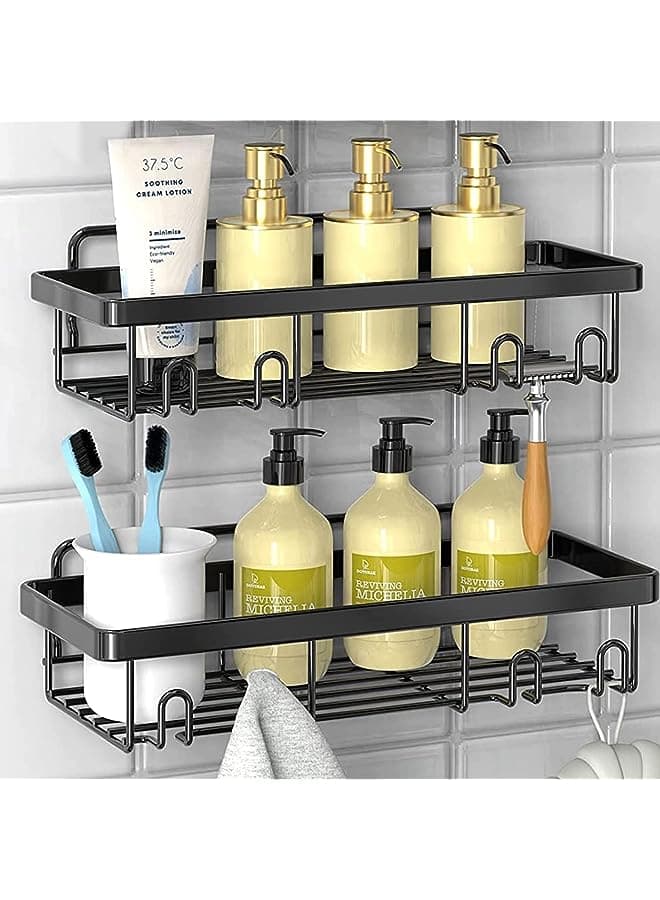 Shower Caddy Shelf Organizer Rack(2 PCS), Black Bathroom Shelves Basket with Self Adhesive, Stainless Steel Home Toilet Kitchen Wall Shower Inside Organization and Storage (Black)