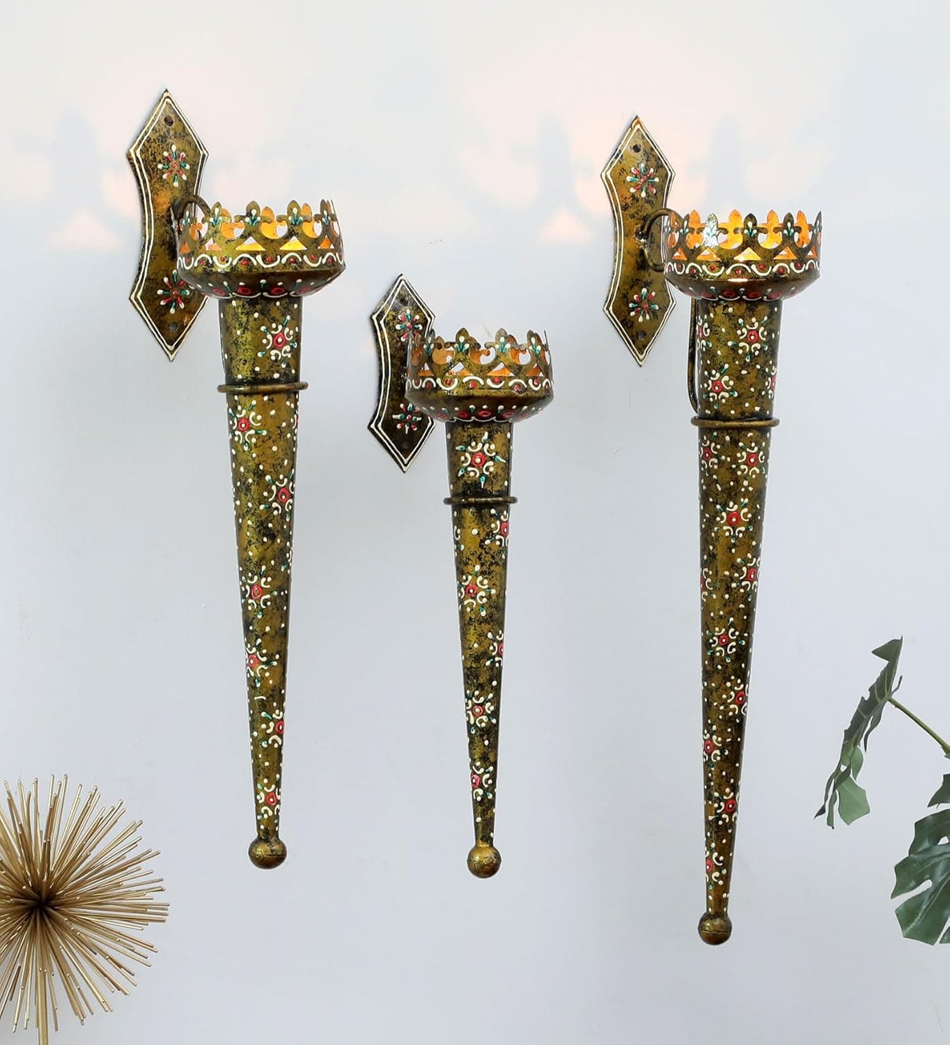 Ujjwal Wood Handcrafted Iron Painted Wall mashal TeaLight Multicolor for HomeOffice Set of 3