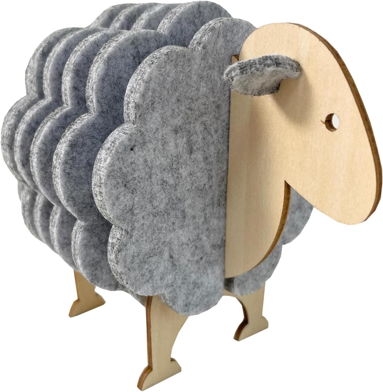 American Elm Felt Coasters Set of 6 with Wool Sheep Stand, Decorative Cup Coasters for Drinks, Coffee Table Coasters in 2 Sizes, 4 pcs of 4 Inches & 2 pcs of 3.5 Inches, Light Grey