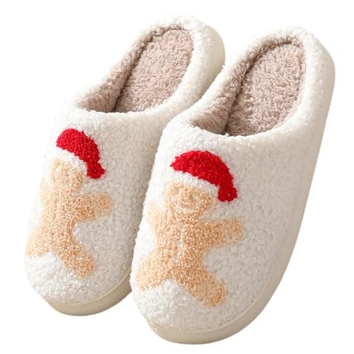 V OPXIN Christmas Slippers for Women Men Cute Cartoon Santa Reindeer Gnome Gingerbread Man Slippers Cozy Plush Warm Slip-on House Slippers Shoes for Indoor Outdoor Christmas Gifts