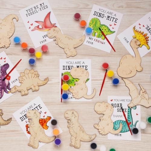 GOGREENWOVEN 24 Pack Dinosaur Party Favors for Kids DIY Dinosaur Wood Painting Craft Kit with Thank You Cards Dino Birthday Goodie Bag Fillers Art Supplies for Boys and Girls