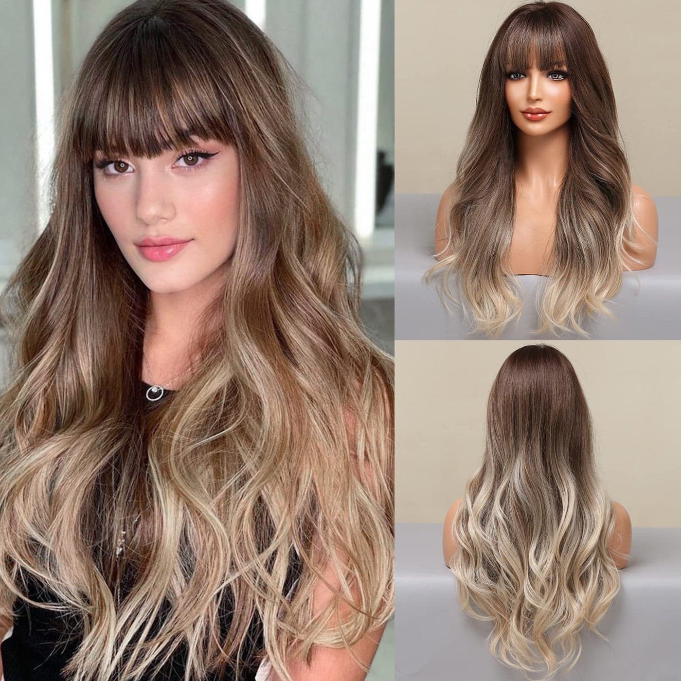 HAIRCUBE Ash Blonde Wig with Bangs Long Ombre Brown to Blonde Curly Wigs for Women Natural Synthetic Wig for Daily Use pelucas de cabello natural