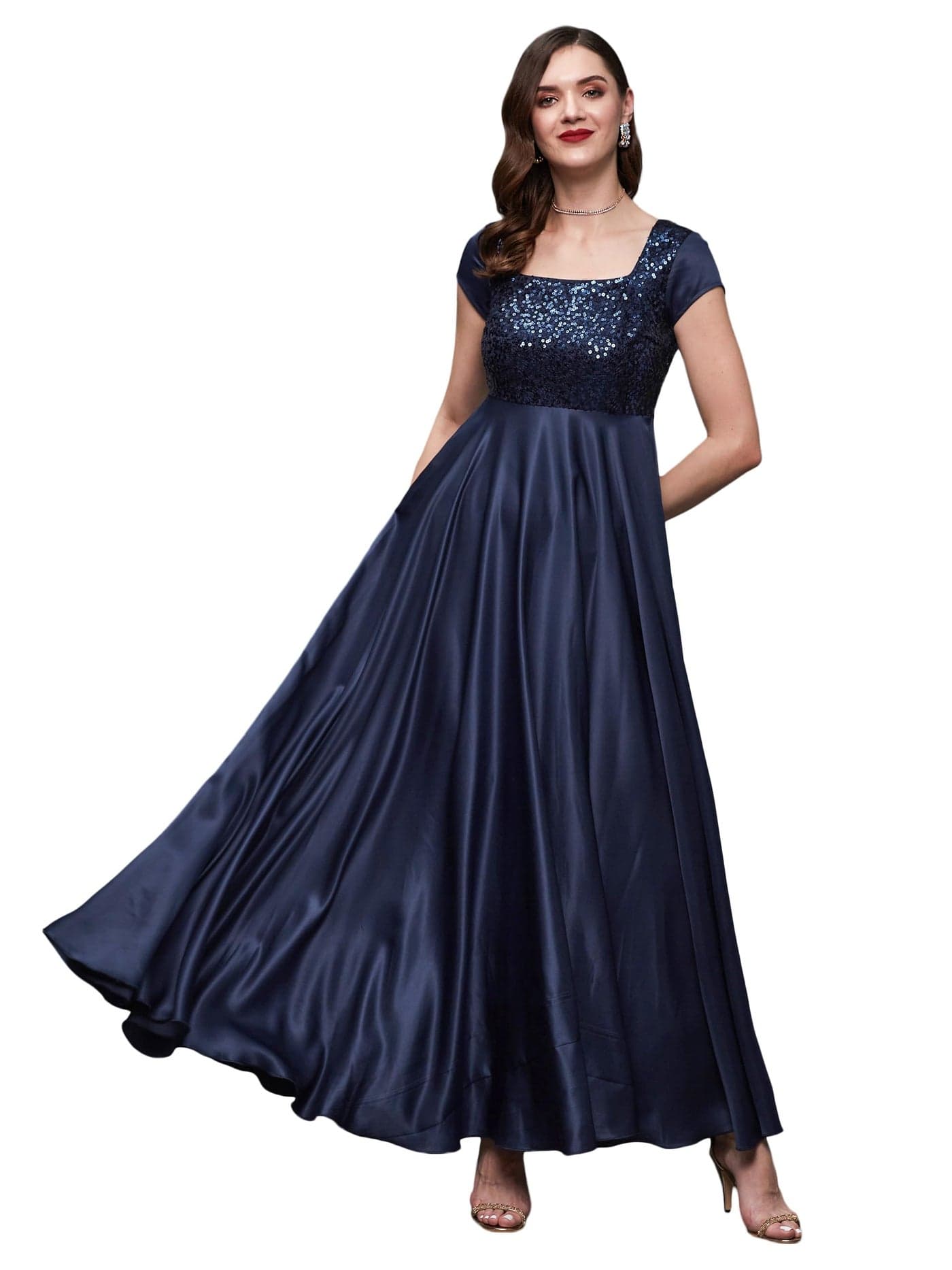 Miss Chase Women's Square Neck Short Sleeve Embellished Fit & Flare Maxi Dress (MCAW22D99-88-71-02, Navy Blue, XS)