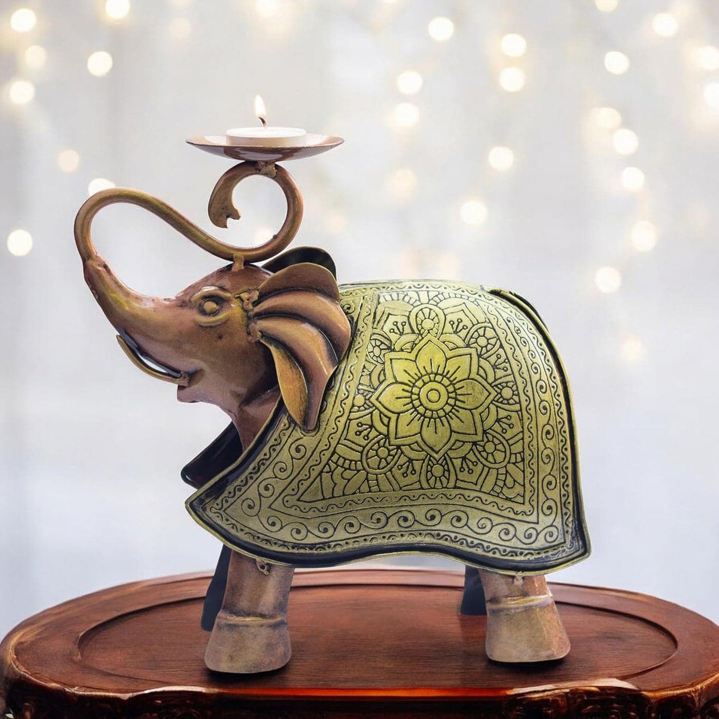 Kraftskala Elegant Carved Metal Elephant TeaLight Candle Holder Tabletop Showpiece for Living Room Candle Light Dinners Home Decor Diwali Gift