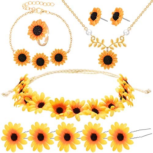 Hicarer 10 Pieces Sunflower Hair Accessories Sunflower Necklace Earrings Bracelet Ring Set Daisy Hair Clip Boho Headband Wreath Jewelry Accessories for Summer Women Bridal Wedding Gifts