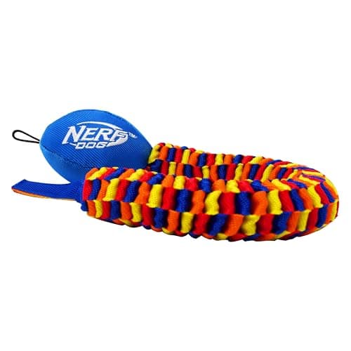 Nerf Dog Rainbow Vortex Chain Tug Dog Toy Lightweight Durable and Water Resistant 19 Inches For MediumLarge Breeds Single Unit Rainbow Colored