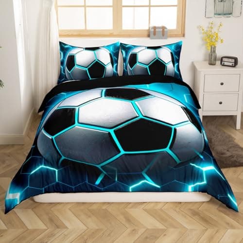 Erosebridal Boys Football Bedding Sets Queen Soccer Comforter Cover,Blue Glowing Honeycomb Duvet Cover Modern Neon Light Quilt Cover,Geometric Buffalo Check Bedding for Kids Teens 3 Piece Soft