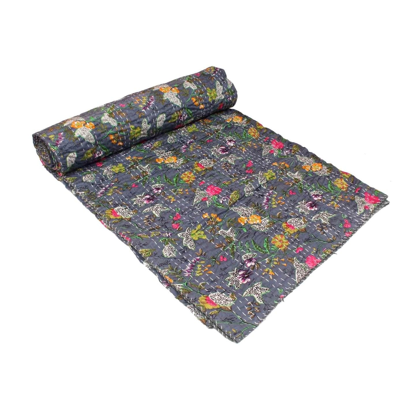 Kirti Textile and Handicraft Indian Cotton Handmade Kantha Quilt Bed Cover Coverlet Bedsheet Queen Size Multicolour