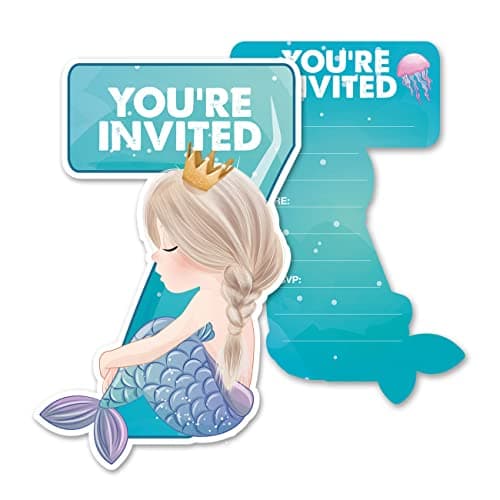 Opomzk Cute Mermaid 7th Party Invitations with Envelopes, 20 Set Magical Mermaid Seven Shaped Invitations Seventh Birthday Kids Party Invites Supplies Favors, Double-Sided
