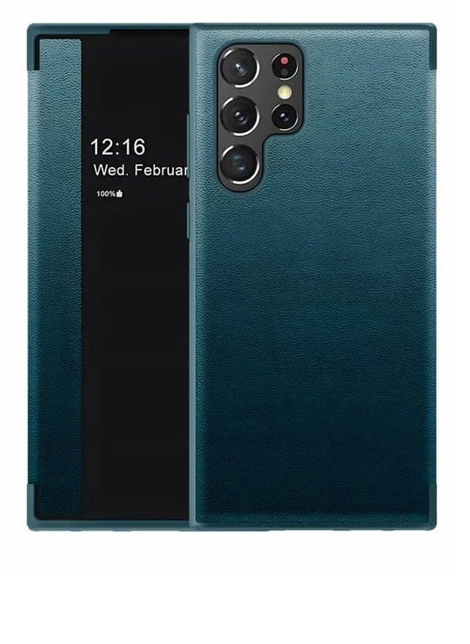 Samsung Galaxy S22 Ultra 5G Leather Magnetic Flip Cover Case with Window Stand Green
