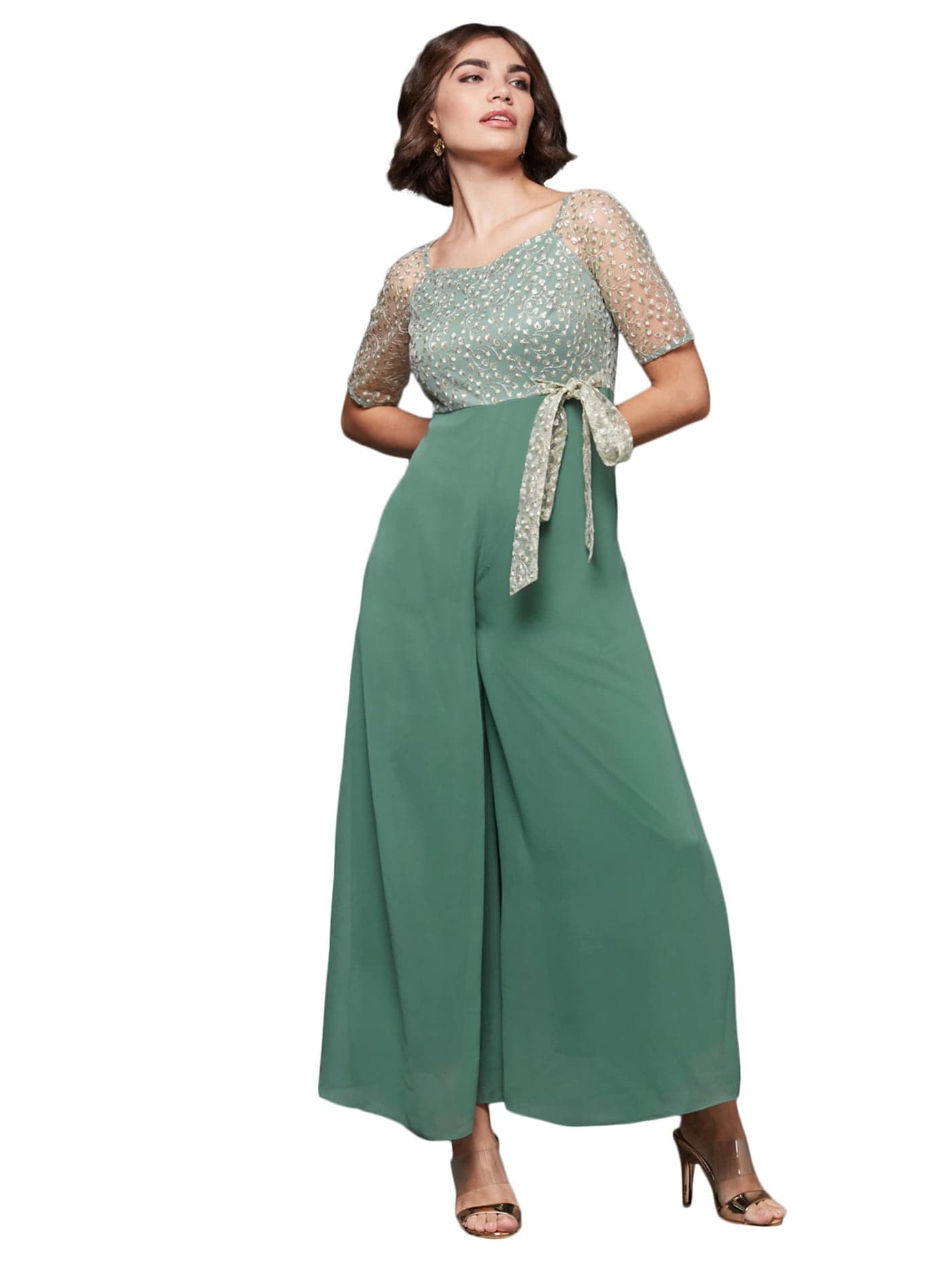 Miss Chase Women's Square Neck Raglan Sleeve Solid Embroidered Regular Jumpsuit (MCAW21D04-88-159-02, Light Green, XS)