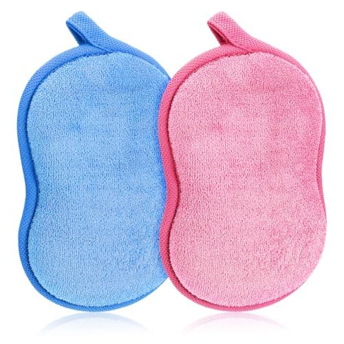 2Pcs Soft Bath Sponge, Cotton Shower Sponge Absorbent Gentleness Exfoliating Body Scrubber Shower Skin Friendly Comfort Bathing Tool for Men Women All Skin Type (Blue,Pink)