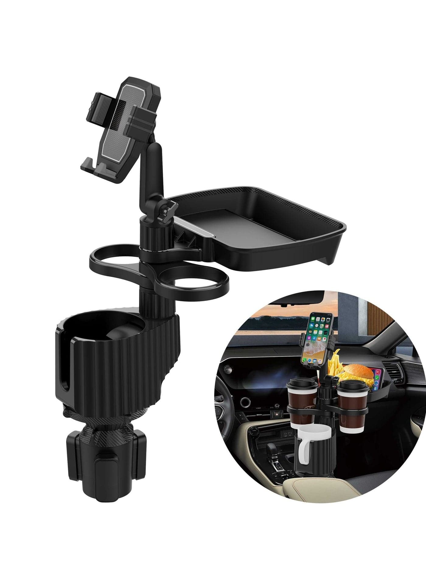 Car Cup Holder Expander Tray, 4-in-1 Adjustable Table Food 360°Rotation Multifunctional Tray for Eating, Dual Holder, Travel Road Trip Essentials