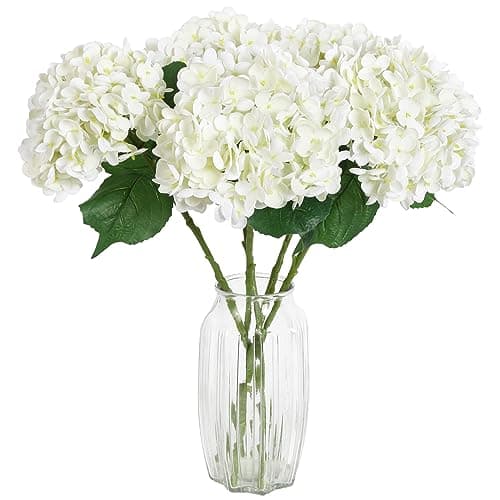 ICBOX 4PCS Real Touch White Hydrangea Artificial Flowers 21'' Large Latex Fake Hydrangea Flowers Faux Hydrangea with Stem for Wedding Home Room Table Centerpiece Indoor Baby Shower Decorations (White)