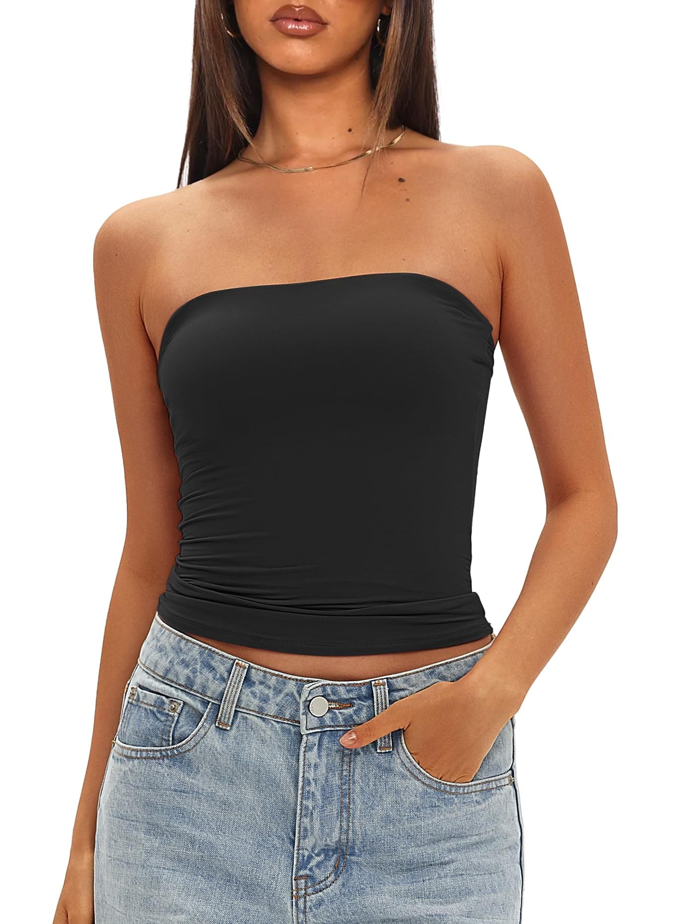 Darong Womens Tube Tops Strapless Crop Tops Double Lined Basic Going Out Tank Top Bulit in Bra 9205 Black S