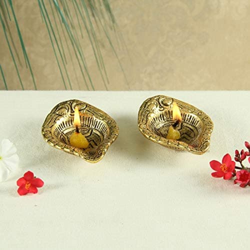 Handicrafts Paradise Diya Pair in Metal with Peacock Engraved 3 Inch