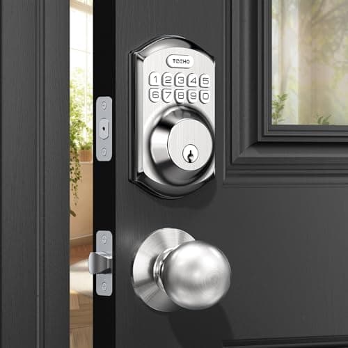 TEEHO TE001K Keyless Entry Door Lock with Handle, Electronic Keypad Deadbolt with 2 Knobs, High-Security Front Door Handle Set for Home & Rental, Smart Auto-Locking, Easy Install, Satin Nickel