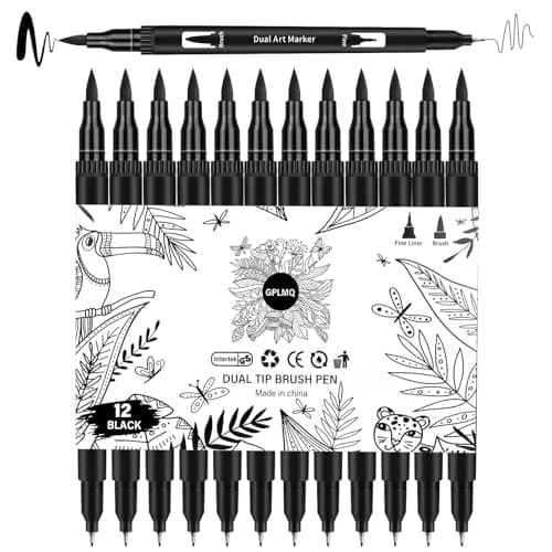 GPLMQ Black Drawing Pens 12 Pack Felt Tip Markers for Adults and Kids Dual Tip Brush Fineliners Pens for Art Drawing Sketching