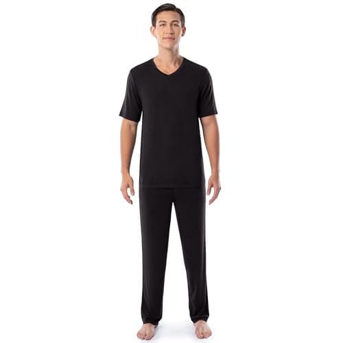 Fruit of the Loom Men's 360 Stretch Short Sleeve V-Neck Top and Pant Sleep Pajama Set, Black, Large