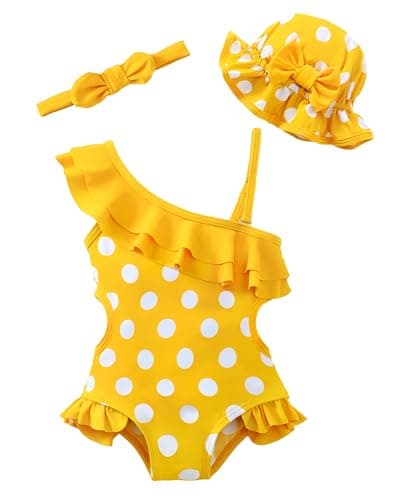 Renotemy Toddler Girls Bathing Suit 18 Month Swimsuit Girl Baby Yellow Polka Dot One-Piece Swimsuit Cute Girls Bikini Rash Guard Swimwear Baby Beach Essentials 18-24 Month Girl Ruffles Shoulder Outfit