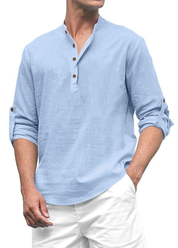 ROYALSCOUT Men's Cotton Blend Solid Short Kurta with Band Collar and Half Button Front | Full Sleeve Relaxed Fit Traditional Top for Everyday and Occasion Wear Sky