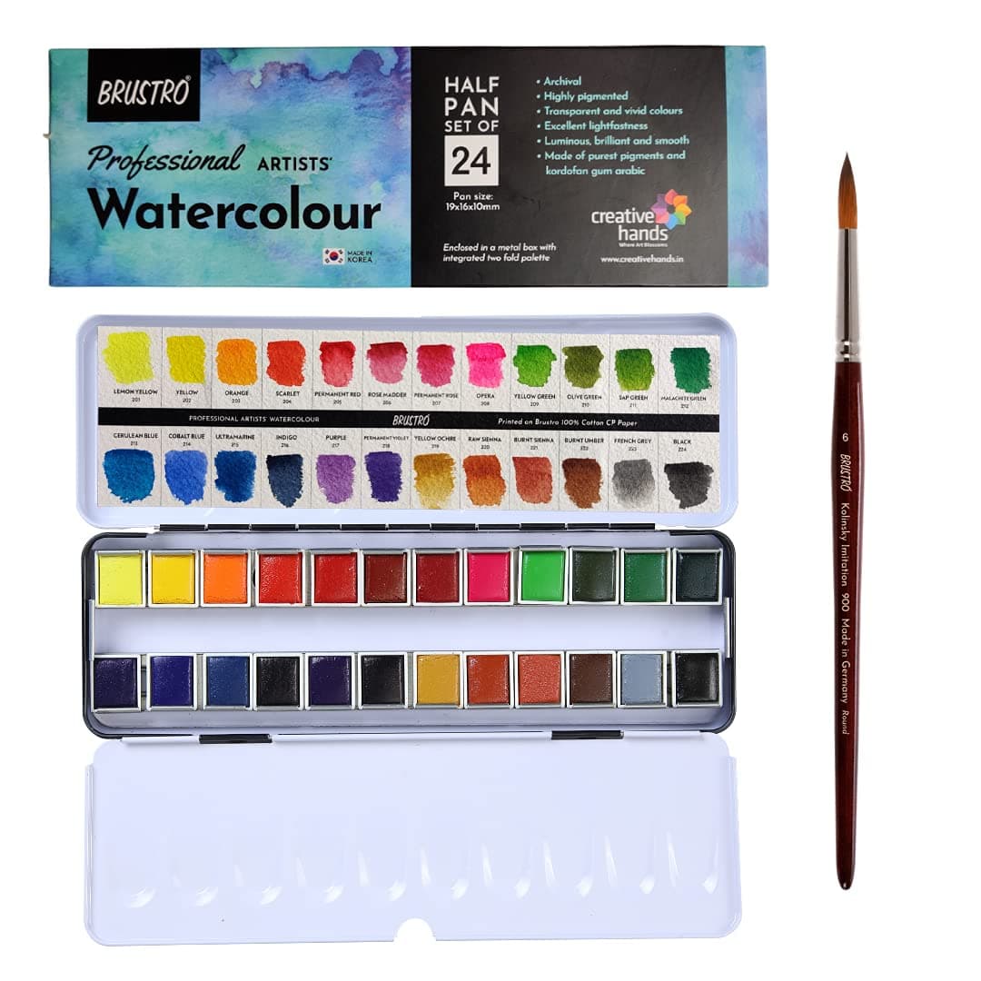 BRUSTRO Professional Artists' Watercolour 24 Half pan Set with Kolinsky Imitation Round Brush no.6