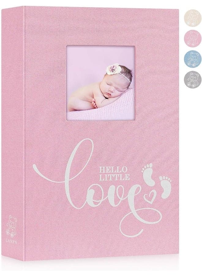 Lanpn Baby Photo Album 4x6 300 Pockets, Linen Hardcover Newborn Memory Book with Memo Writing Area, Bebe Photobook, Slip-in Picture Book, Ultrasound Album Keepsake Gifts for Girl Baby Shower Pink