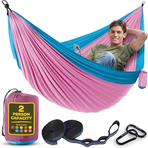 Durable Hammock 500 lb Capacity Nylon Camping Hammock Chair Double or Single Sizes wTree Straps and Attached Carry Bag Portable for TravelBackpackingBeachBackyard Large Fuchsia Sky Blue