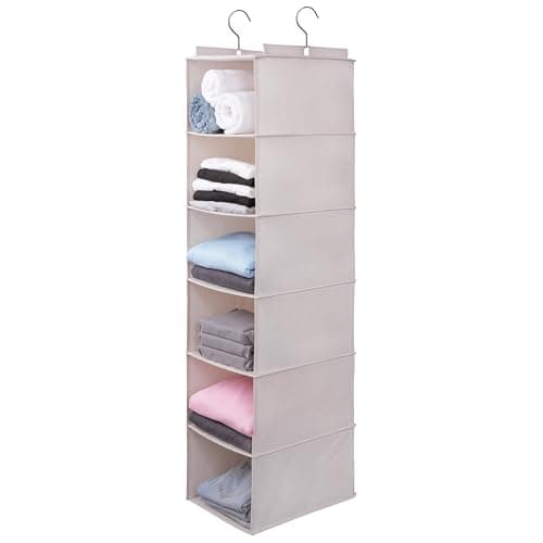 tulinstiraga Large Hanging Sweater Organizer for Closet,Collapsible 6-Shelf Hanging Closet Shelves with Drawers, Washable (Beige -6 Shelf)