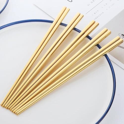 Daily Rituals Rose Gold Stainless Steel Chopsticks Set of 5 Pairs | Reusable Metal Chopsticks Non-Slip | Elegant Asian Utensils for Sushi, Noodles, Rice, Dumplings | 9.06 Inch (Gold)