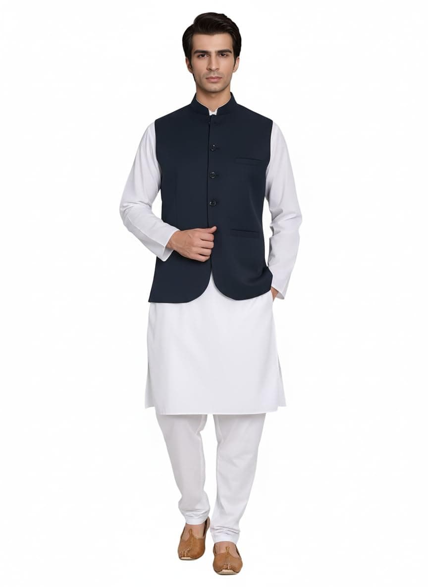 ROCKSY Nehru Jacket, Bandi Modi Koti for Men, Cotton Waistcoat for All Occasion: Diwali, Wedding, Ethnic, Office Party, Formal and casual Look, Color Navy Blue, Size 36