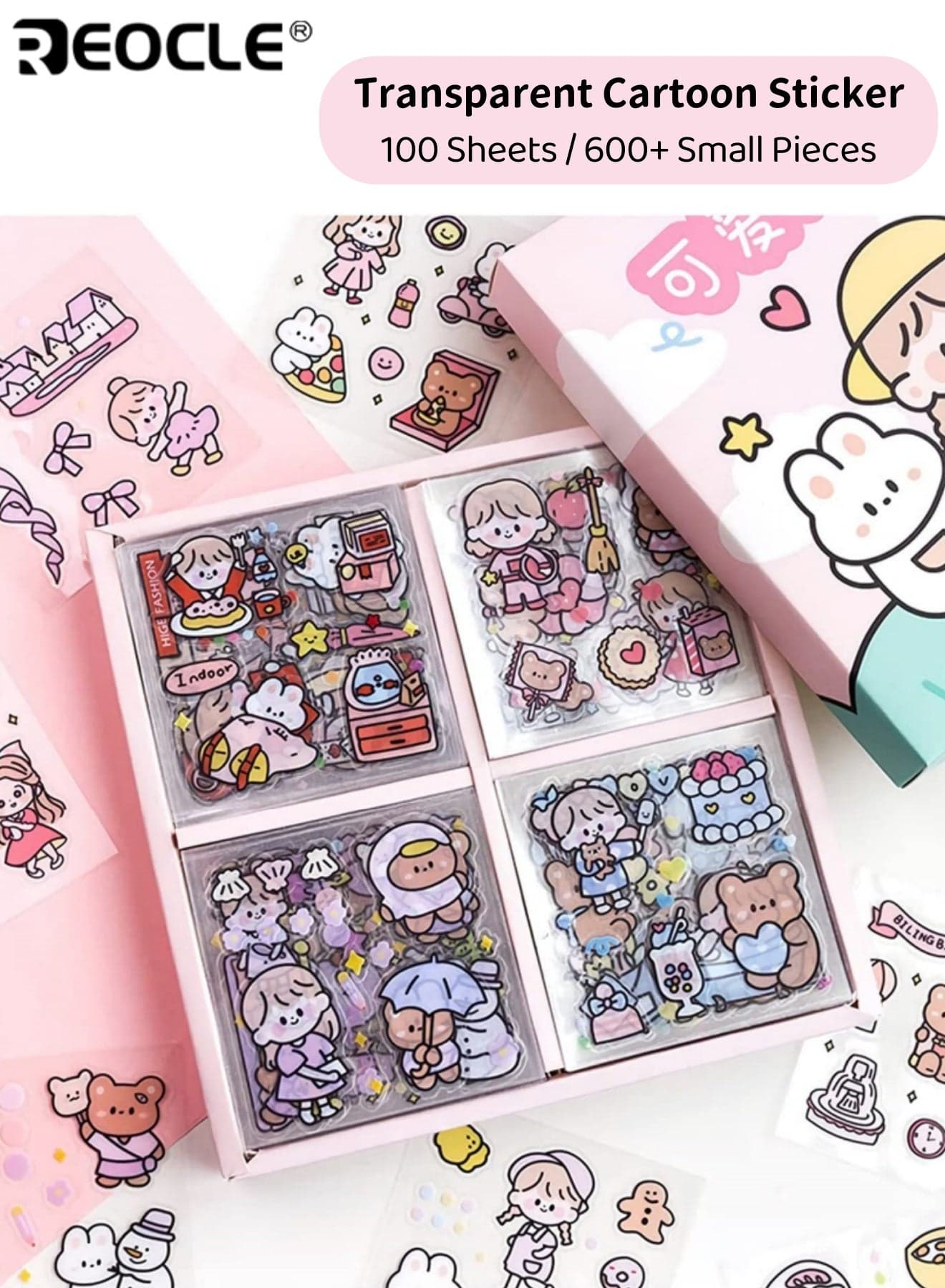 100 Sheets 600+ Small Pieces Transparent PET Decorative Sticker Set & Scrapbook Sticker Decal Set with Cartoon Character Animal Flower Patterns for DIY Arts Crafts Album Planners Calendars Notebook for Men Women Kids Boys Girls