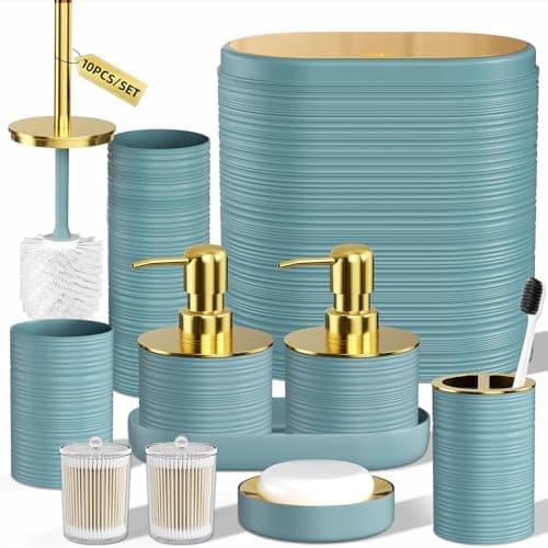 InnJoey Bathroom Set, 10PC Bathroom Accessory Set, Light Blue Bathroom Accessories, Blue and Gold Bathroom Set with Trash Can, Soap Dispensers