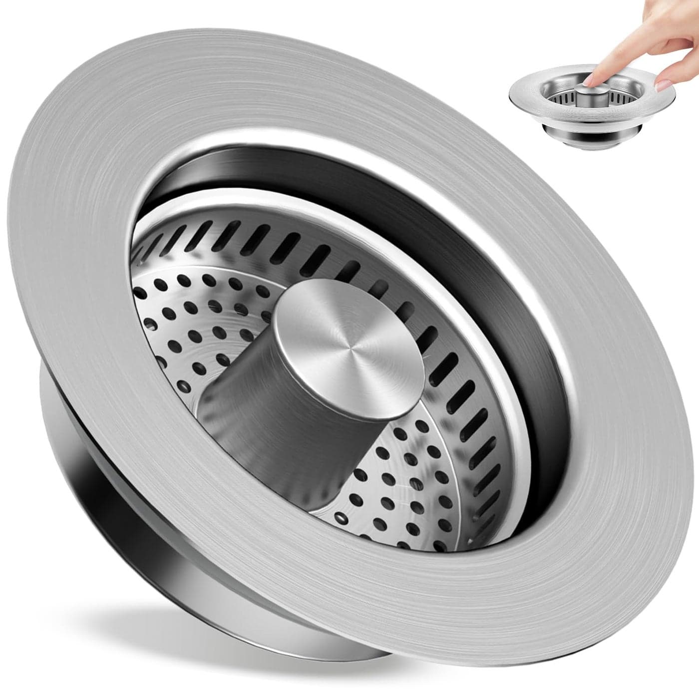 Kitchen Sink Drain Strainer 3 in 1 304 Stainless Steel Pop Up Sink Stopper AntiClogging Sink Drain Strainer for US Standard Kitchen Drain SUS304 Brushed