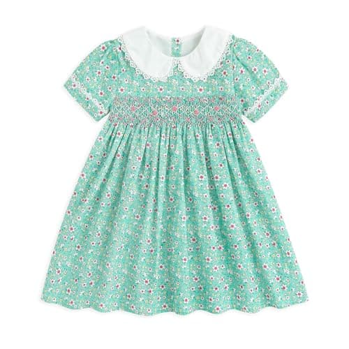 Curipeer Toddler Girl Green Smocked Floral Sundress Peter Pan Collar Short Sleeve Dress Casual Playwear for Baby Girls 12 Months