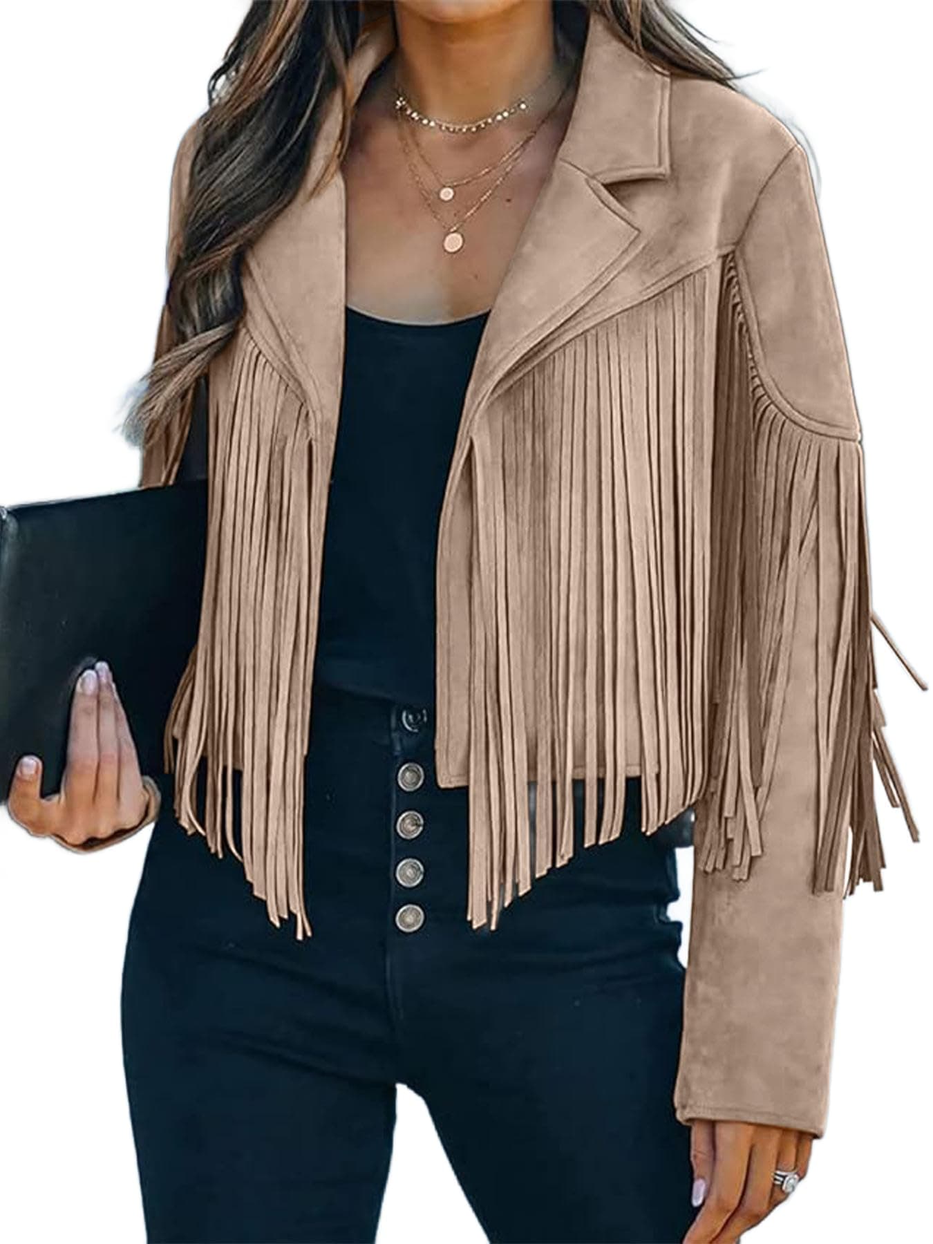 Bibowa Faux Leather Jackets For Women Trendy Cowgirl Outfits Fall Western Fringe Cropped Jacket 2025 Tassel Motorcycle Crop Coats Winter Apricot M
